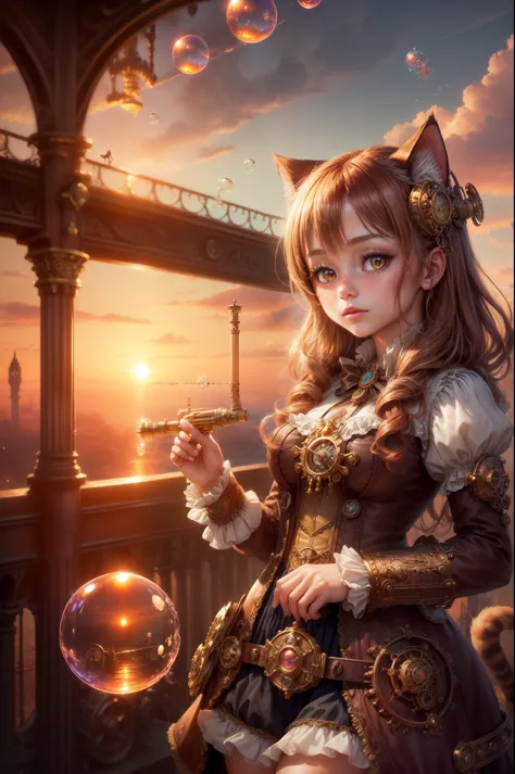 "((Steampunk fantasy)), (grand pipe organ), ((sunset-kissed clouds)), ((innocent girl)), ((floating bubbles)), ((mystical cat)), ((ornate pipes)), ((dreamlike atmosphere)), ((imaginative scene)), ((meticulously detailed))"