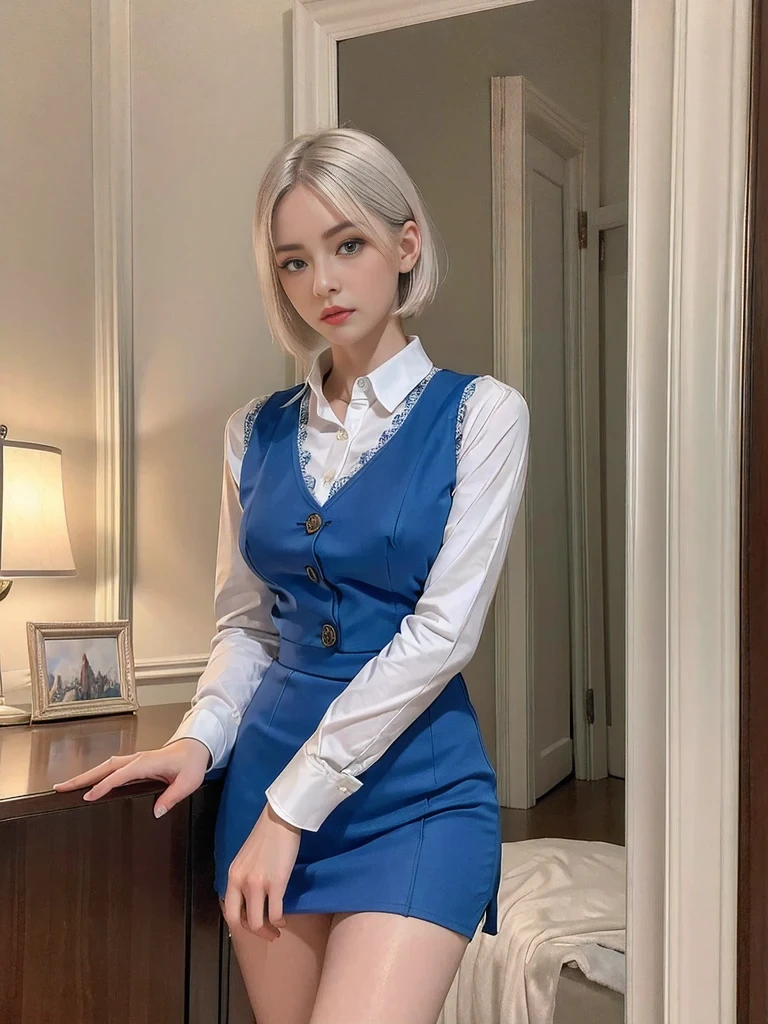 (best quality,16k,highres,masterpiece:1.2),beautiful detailed blue eyes,beautiful detailed lips,young,short white hair,pretty girl in a school shirt,tight ,girl takes a selfie at home,full-length photo,in stylish clothes,background room,lit by the soft glow of a desk lamp,with a mirror on the wall,portraits