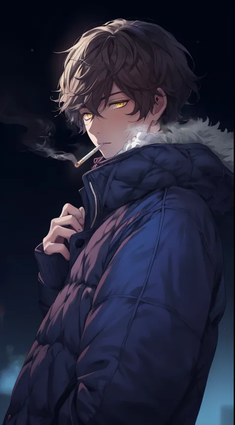 Beautiful young man, brown hair, short hair, yellow eyes, blue quilted coat, smokes, night, smoke,high quality, amount of drawin...