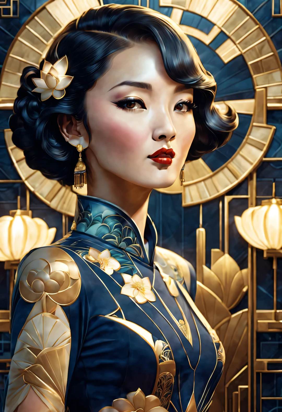 Art Deco, Beautiful woman in cheongsam, lotus, close up, The urban elegance of Shanghai in the 1990s, Gorgeous metropolitan glass wall, lights flashing, Oriental inspiration, gold and navy, flat illustration, Japanese cartoons, Geometric, artistic, Limited shades, super detailed, ultra high definition
