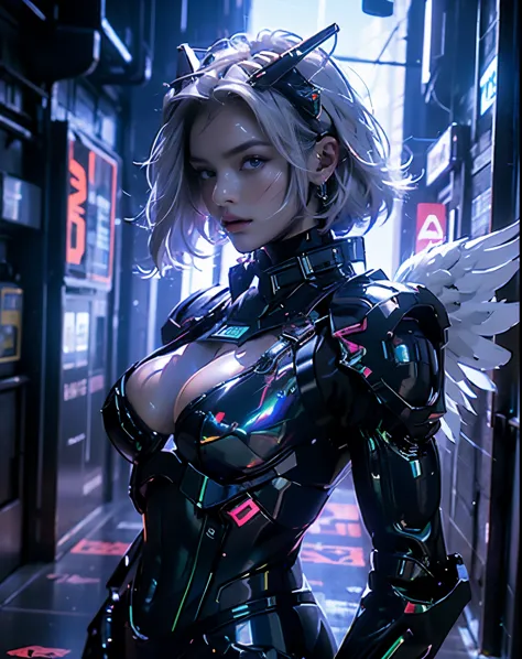 top-quality, tmasterpiece, super A high resolution, (Photorealsitic:1.4), RAW photo, Battle Robot Angel, Large wing made of metal, White porcelain body, Acrylic transparent cover, white hair, glowy skin, 1 Cyborg Girl, (( Super realistic details)),porate,g...