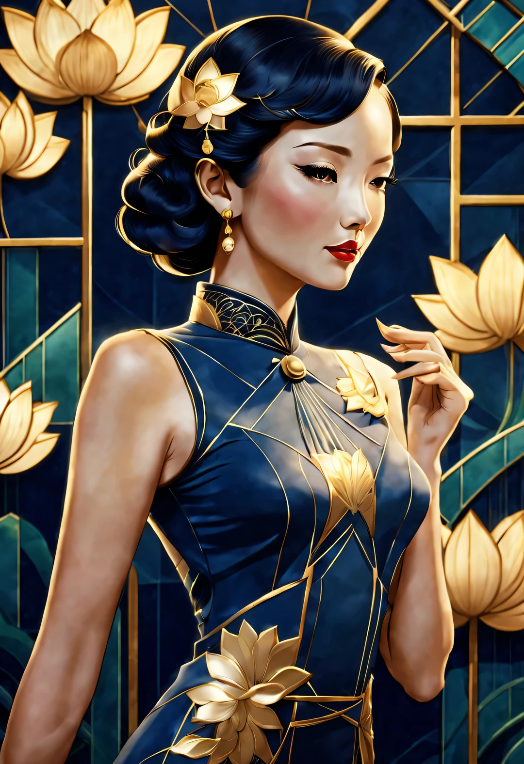 Art Deco, Beautiful woman in cheongsam, lotus, close up, The urban elegance of Shanghai in the 1990s, Gorgeous metropolitan glass wall, lights flashing, Oriental inspiration, gold and navy, flat illustration, Japanese cartoons, Geometric, artistic, Limited shades, super detailed, ultra high definition