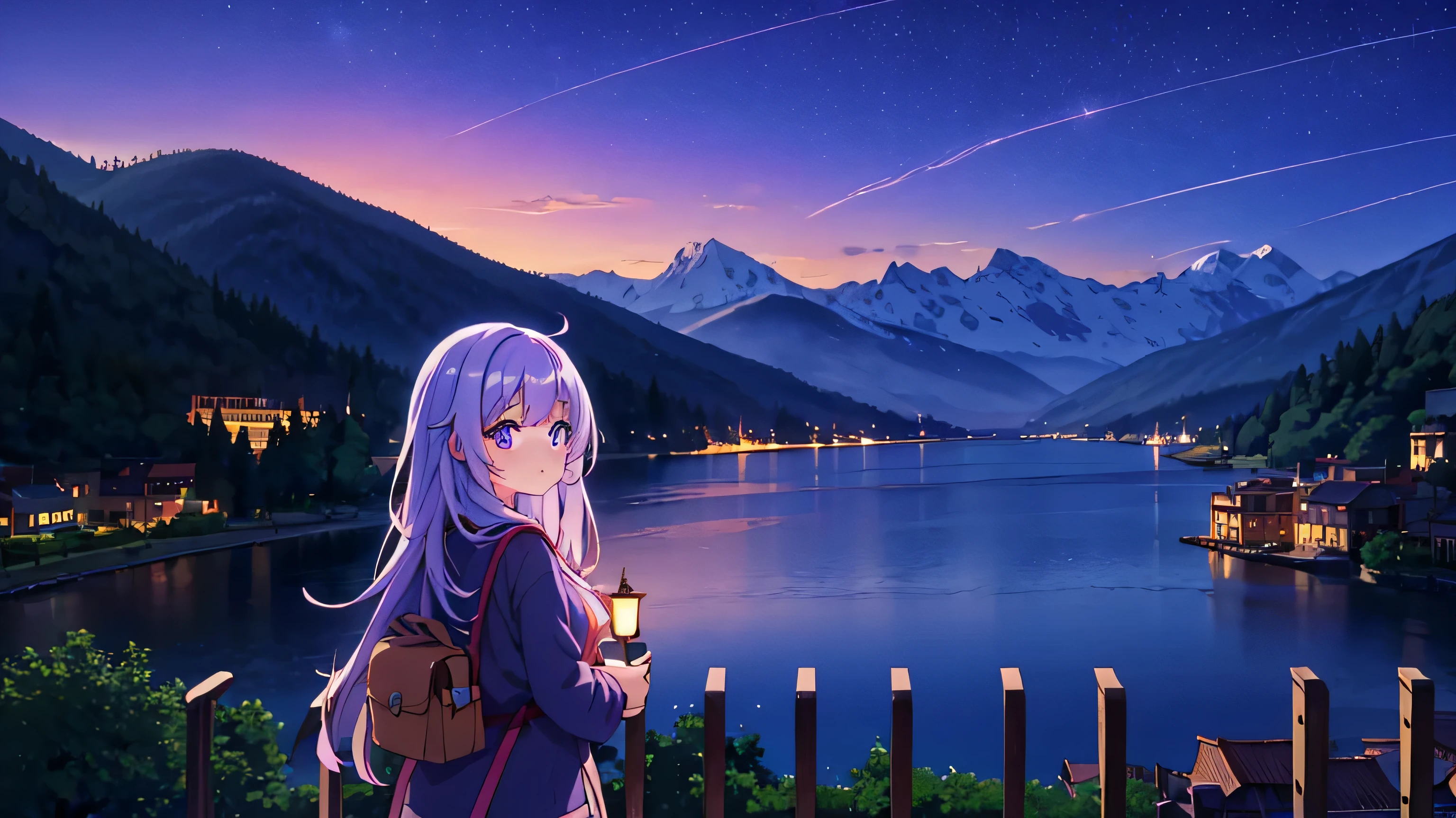 night, Mountain range in the background, the lake in front of the mountains, An ancient city glows on the other side of the lake, with a cute anime girl in the foreground, purple long hair, girl looks at this city by the lake
