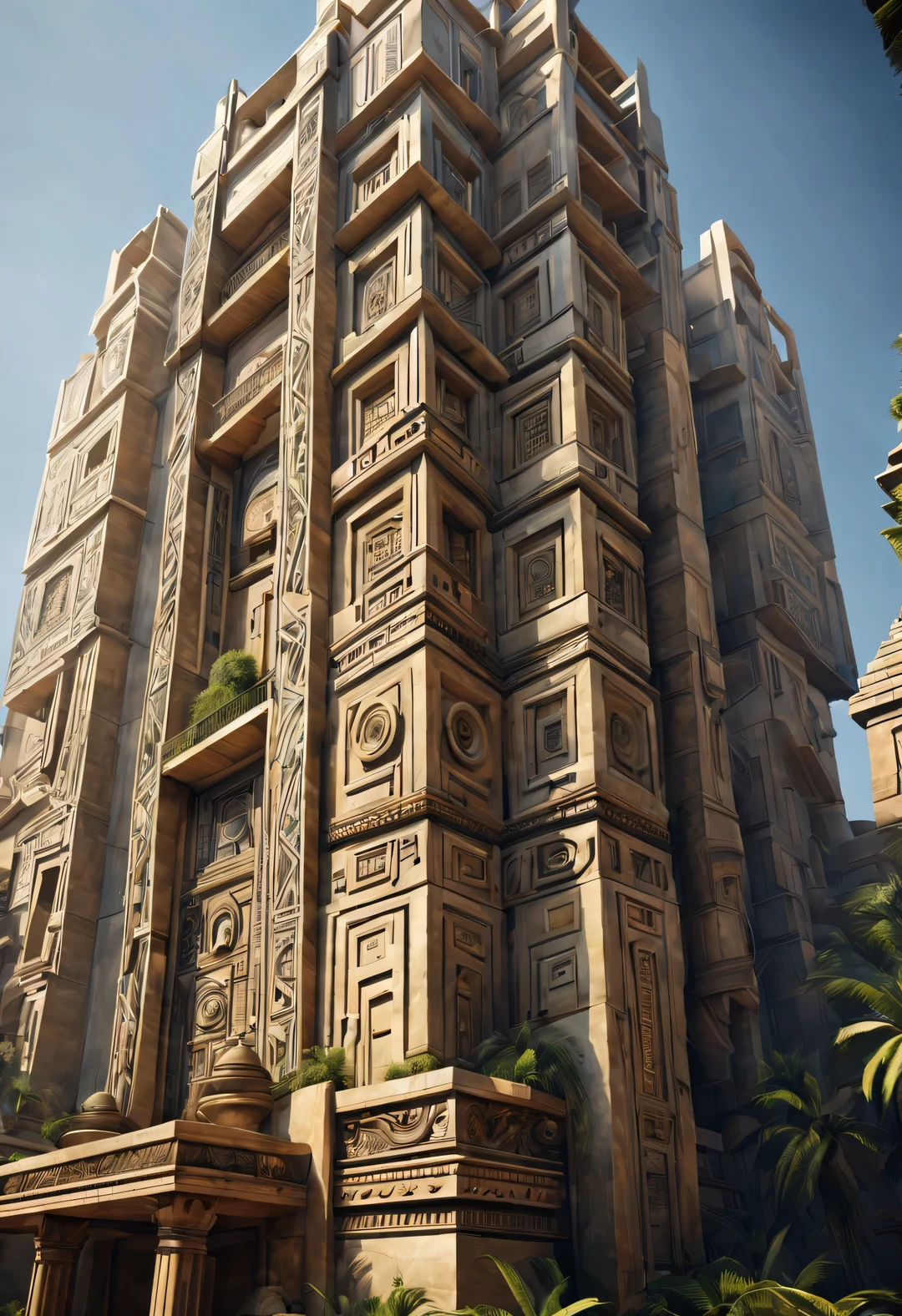 ultra high definition, masterpiece, Accuracy, Ultra-detailed, high detail, high quality, Award-winning, best quality, Level, 16k,
(an art deco), Aztec empire style, (architecture summer), Vision,
Geometric shapes and lines, Use straight lines, curve, triangle, and diagonals form the exterior and decoration of the building. Architecture emphasizes detail and decoration, Use bold decorative elements such as reliefs, pattern, Multicolored Glass, chrome plating, Set with pearls, ivory, Equally tall vertical lines have the form of vertical lines, make buildings look taller、more upright.
Made of steel、Modern materials like glass create a more contemporary look,