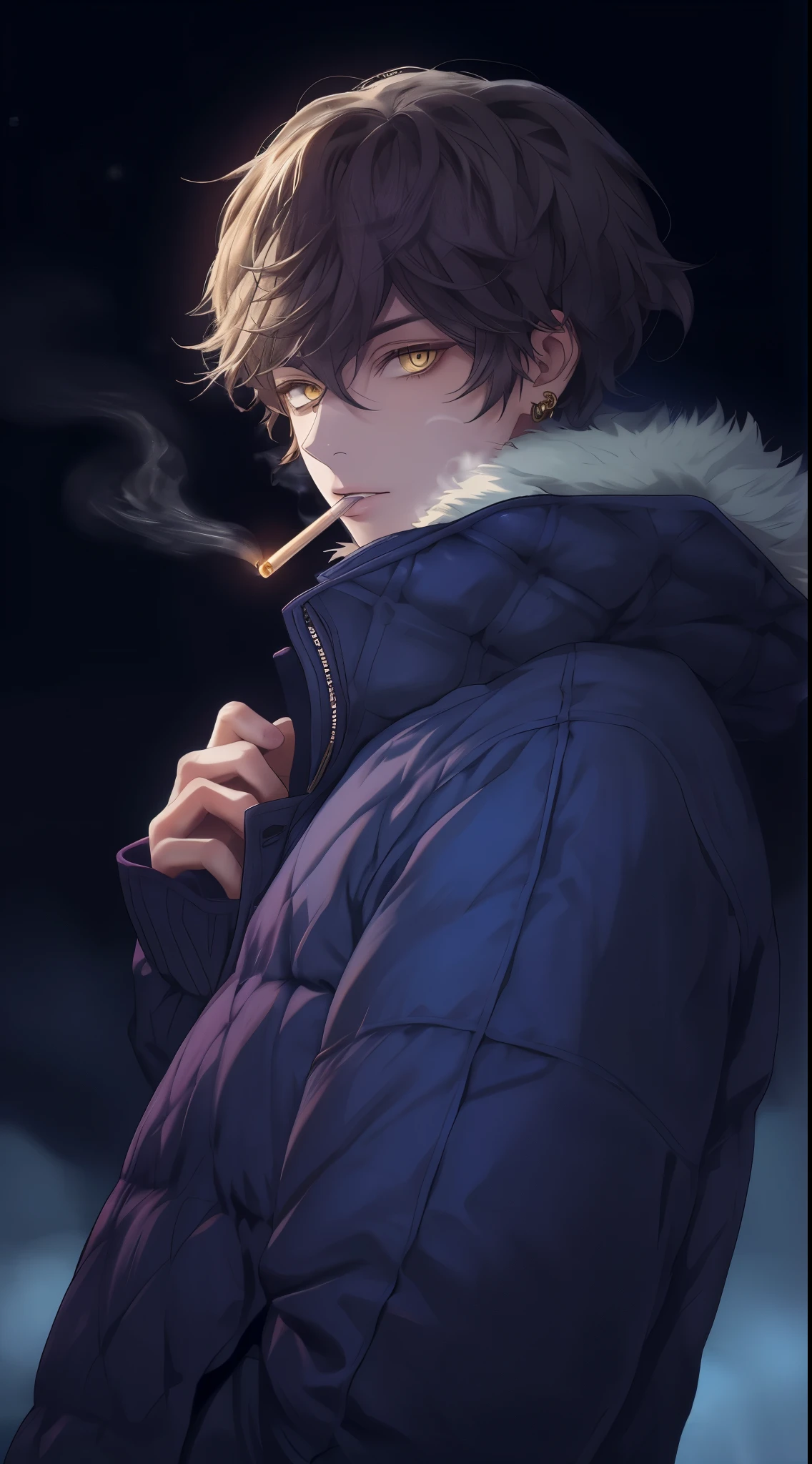 Beautiful young man, brown hair, short hair, yellow eyes, blue quilted coat, smokes, night, smoke,high quality, amount of drawing, pixiv illustration