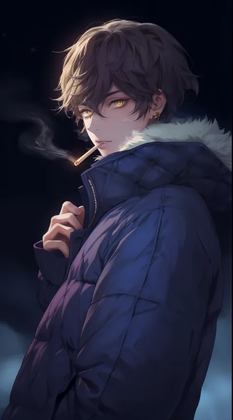 Beautiful young man, brown hair, short hair, yellow eyes, blue quilted coat, smokes, night, smoke,high quality, amount of drawin...
