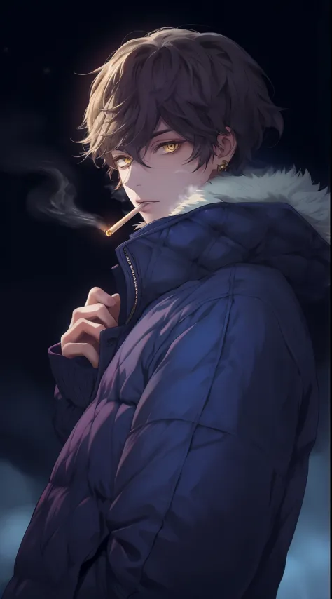 beautiful young man, brown hair, short hair, yellow eyes, blue quilted coat, smokes, night, smoke,high quality, amount of drawin...