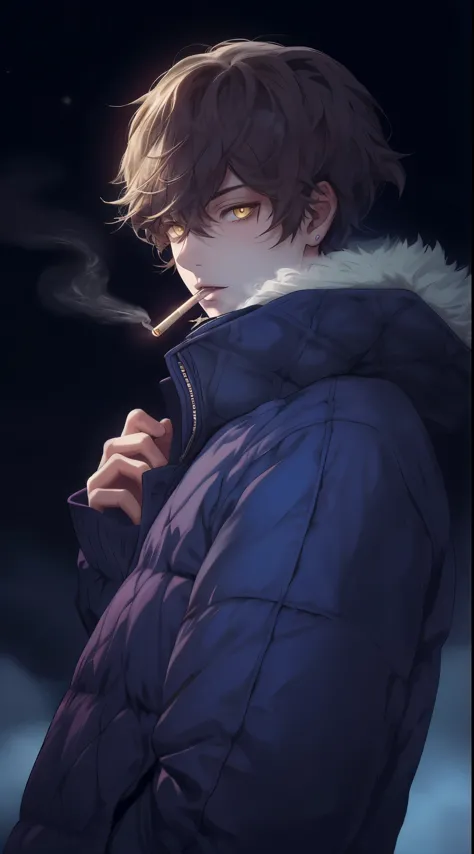 Beautiful young man, brown hair, short hair, yellow eyes, blue quilted coat, smokes, night, smoke,high quality, amount of drawin...