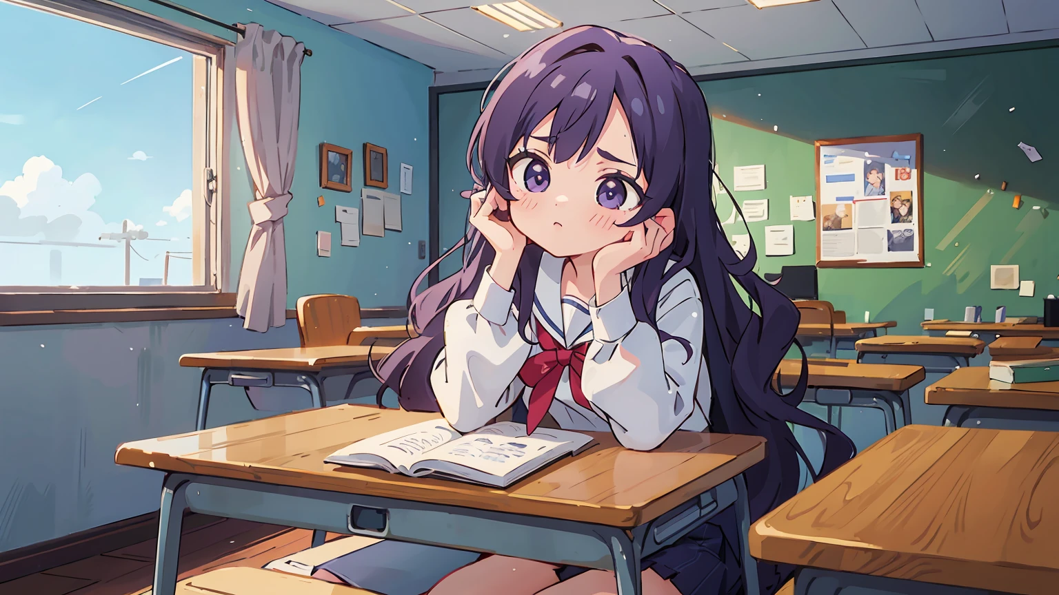 An eighteen-year-old young woman with long purple hair in a sailor suit sits in a classroom (school 1.5 in the background) (expression serious, cold 1.5) (best quality: 1.1) (masterpiece: 1.3) with an unparalleled masterpiece, surreal 8K, perfect artwork, super detail, best quality, masterpiece 4K wallpaper aesthetics, masterpiece, award-winning artwork, atmosphere, captivating lightingpresence, graceful