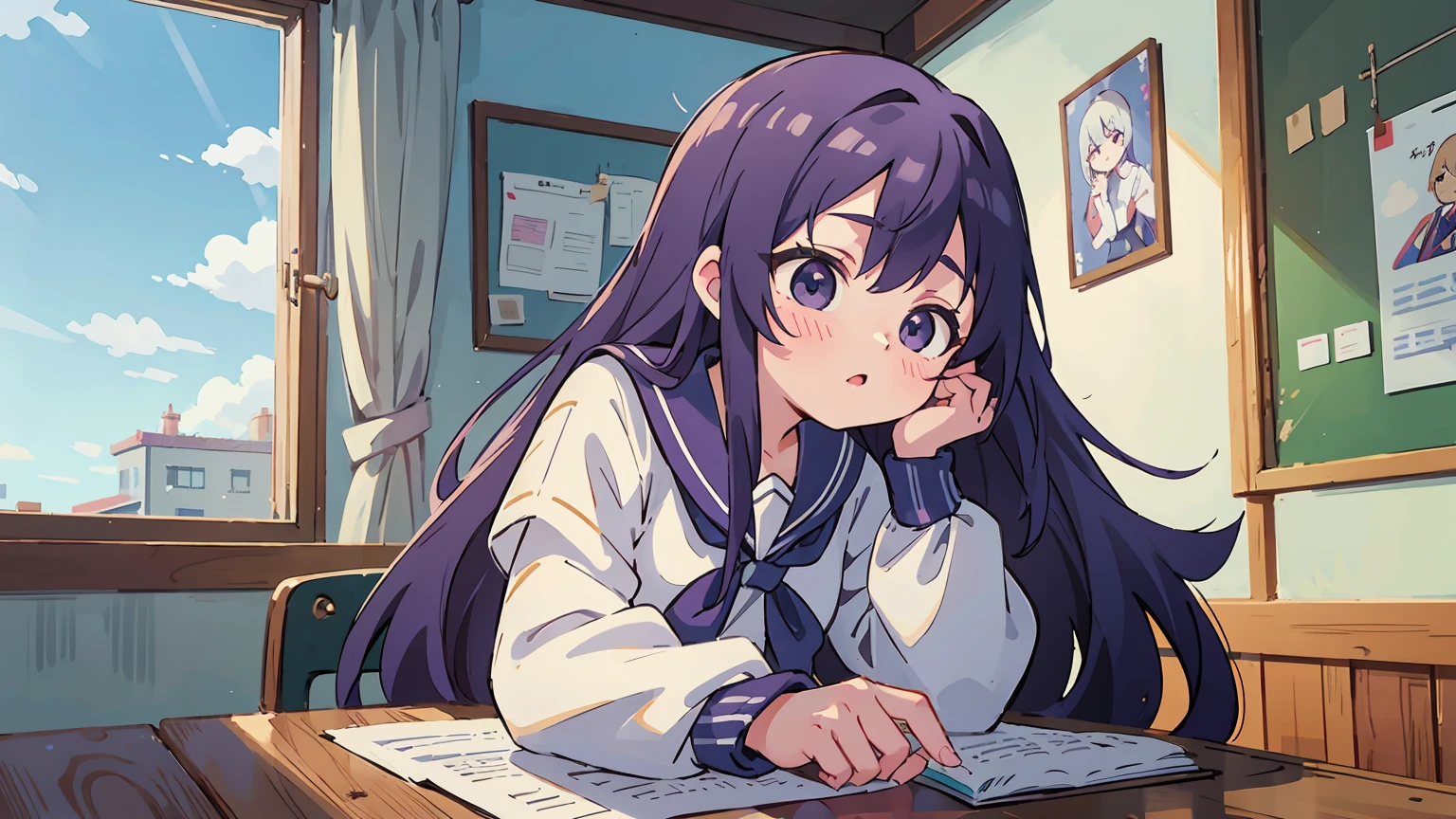 An eighteen-year-old young woman with long purple hair in a sailor suit sits in a classroom (school 1.5 in the background) (expression serious, cold 1.5) (best quality: 1.1) (masterpiece: 1.3) with an unparalleled masterpiece, surreal 8K, perfect artwork, super detail, best quality, masterpiece 4K wallpaper aesthetics, masterpiece, award-winning artwork, atmosphere, captivating lightingpresence, graceful