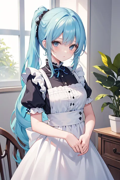 girl with bright yellow hair, hair tied back quite long, aye color is blue, in the villa, wearing maid clothes