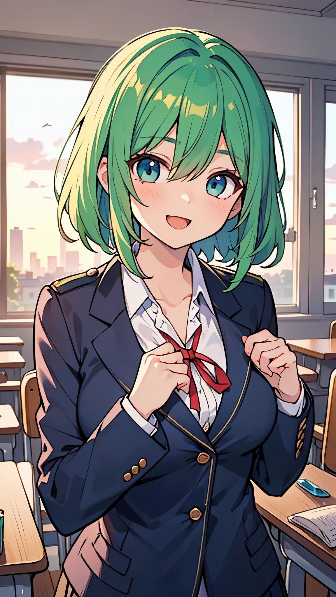 ((Pretty High School girl with green hair and blue eyes)), ((wearing black blazer uniform)), red ribbon,  face, ((master piece, top-quality, ultra-definition, high resolution)), anime girl, ((ultra-detailed illust:1.2)), only one person, bangs, hair between eye, beautiful hair, Shiny eyes, Huge breasts, Big smile, opened mouth, in the classroom, at dusk, sunset