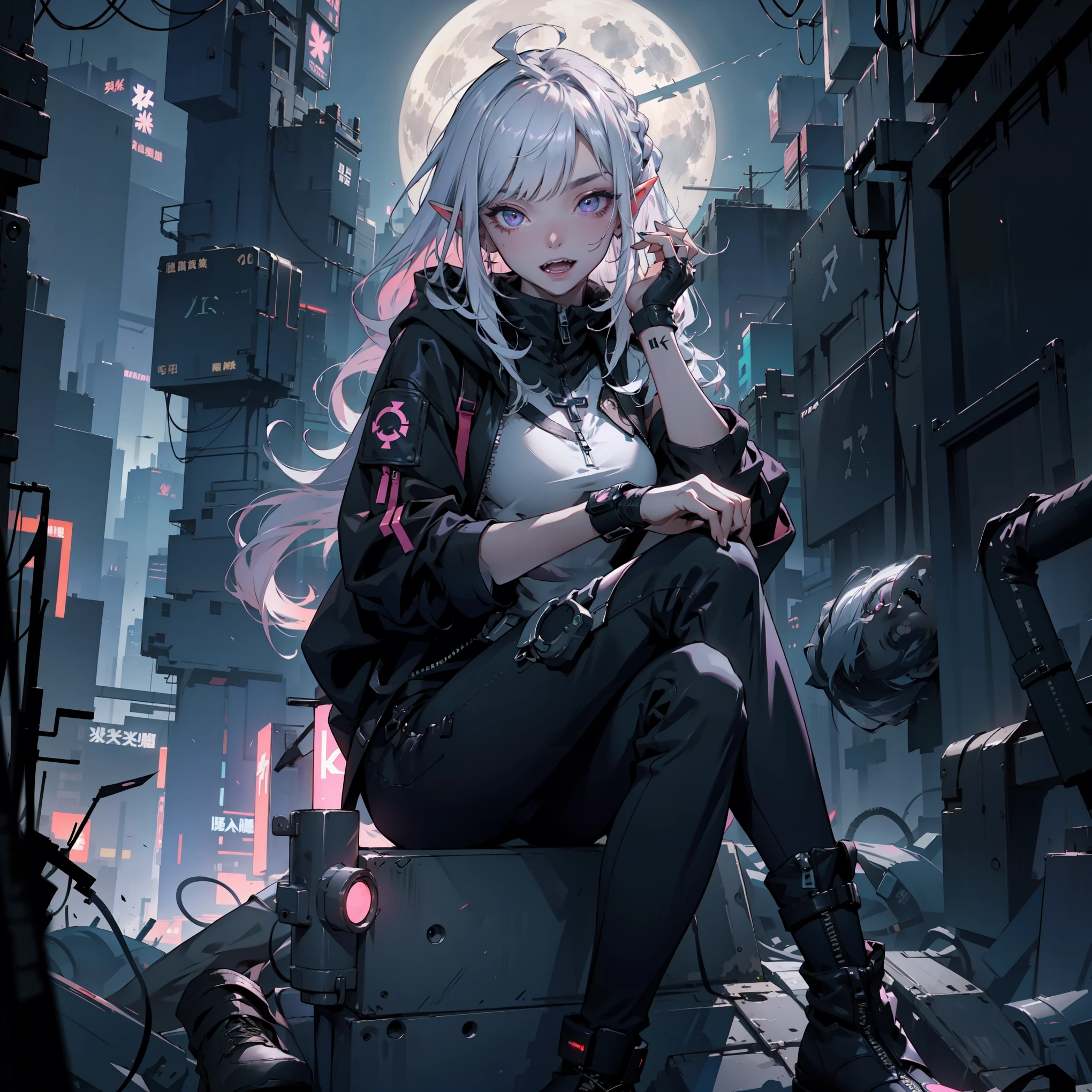 ((masterpiece)), (top quality), (best quality), ((ultra-detailed, 8k quality)), Aesthetics, Cinematic lighting, soft semi-backlit light, (detailed line art), absurdres, (best composition), (high-resolution),
BREAK,
A Rebellious Cyberpunk dark elf Female Image, wearing cyberpunk shirt with a armbands, cyberpunk techwear women, techwear occultist, stylish and edgy outfit, black pants, sleeveless hoodie, black tigh-high boots, zipper, (sitting, cross-legged), (atmospheric perspective), (top of building), (cyberpunk cityscape background, full moon sky, simple dark night background), cinematic dramatic dark atmosphere,
BREAK,
highly detailed of (dark elf), (1girl), solo, perfect face, details eye, ahoge, (hair loop:1.2), white shining hair, (braided bangs:1.1),  violet eyes, shining eyes, (beautiful detailed eyelashes, eyeshadow, pink eyeshadow), smile, open mouth, tongue, teeth, ((sharp teeth)), design art by Mikimoto Haruhiko, by Kawacy, By Yoshitaka Amano,
BREAK, 
((perfect anatomy)), perfect body, Abs, medium breast, perfect hands, perfect face, beautiful face, beautiful eyes, perfect eyes, (perfect fingers, deatailed fingers), correct anatomy, perfect legs, (dark skin:1.2)