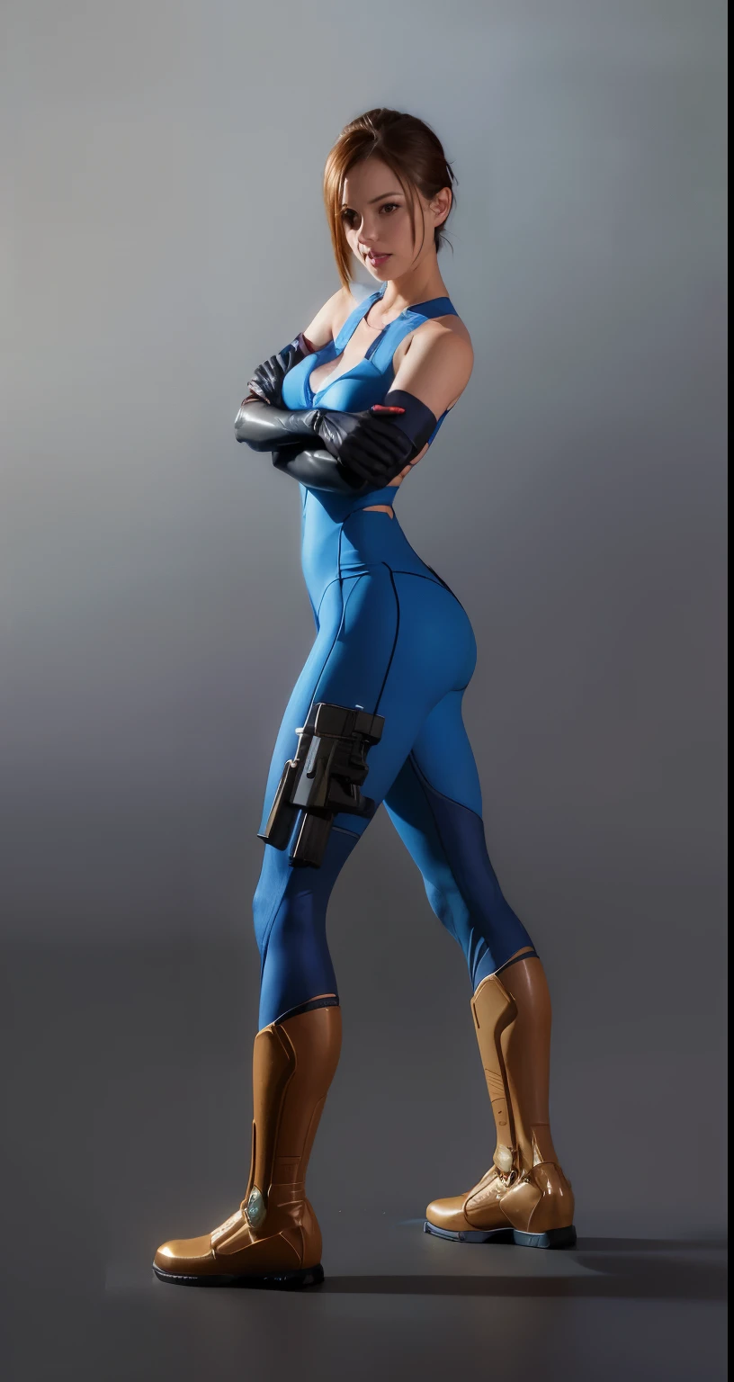 A woman in a blue outfit and gold boots posing for a picture - SeaArt AI