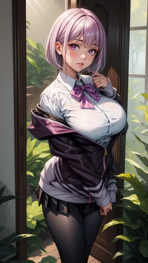 anime female character in school uniform, with short skirt,
BREAK
, shinjou akane, light purple hair, (pink eyes:1.2), short hai...