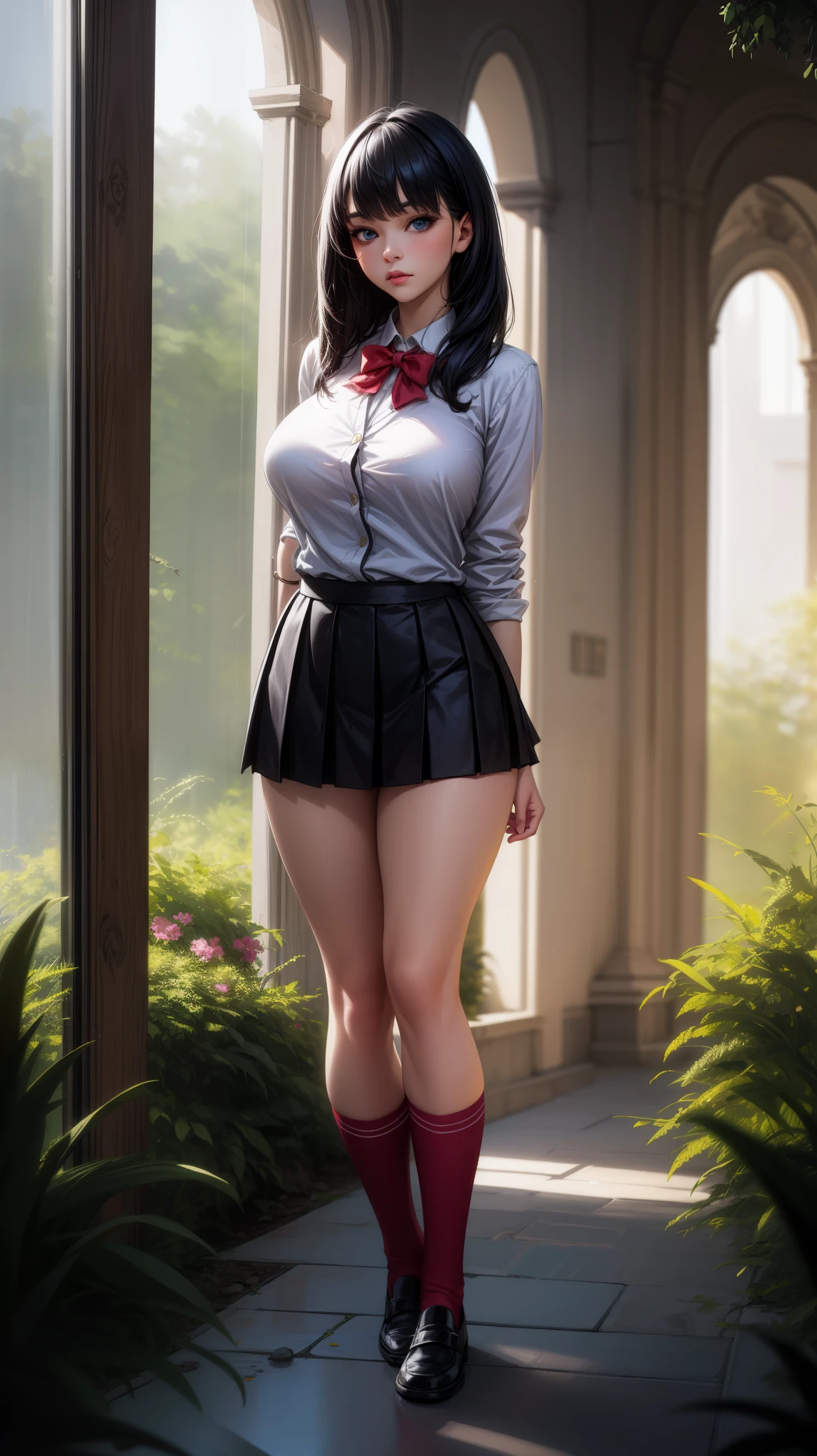 anime female character in school uniform, with short skirt,
BREAK
, rikka takarada, black hair, blue eyes, long hair, orange scrunchie, scrunchie, wrist scrunchie, (Beautiful,Huge_Breasts:1.3),
BREAK
, 1girl, solo, Standing in the garden, full body, full figure,
BREAK
, A breathtakingly beautiful garden filled with vibrant flowers, lush green plants, and a crystal-clear pond. The air is filled with the sweet scent of blooming flowers, and rays of golden sunlight gently filter through the leaves, creating a magical atmosphere, 
BREAK
, black footwear, black skirt, bow, bowtie, buttons, cardigan, collared shirt, long sleeves, microskirt, pleated skirt, red bow, red bowtie, red socks, , shirt, shoes, skirt, socks, thighs, white cardigan, white shirt, short skirt, 
BREAK
, beautiful detailed eyes, beautiful detailed lips, extremely detailed eyes and face, long eyelashes,
BREAK
, medium: oil painting, atmospheric lighting, dreamy color palette, detailed interior decoration, quiet and peaceful ambiance,
BREAK
, (best quality,4k,8k,highres,masterpiece:1.2), ultra-detailed, official art, extremely detailed CG unity 8k wallpaper, perfect lighting, Colorful, (best_quality:1.0), ultra high res,4K, ultra-detailed, 8K, HDR, high resolution,  absurdres:1.2, film grain, blurry background, (vibrant_color:1.2), (beautiful_face:1.5), (narrow waist),