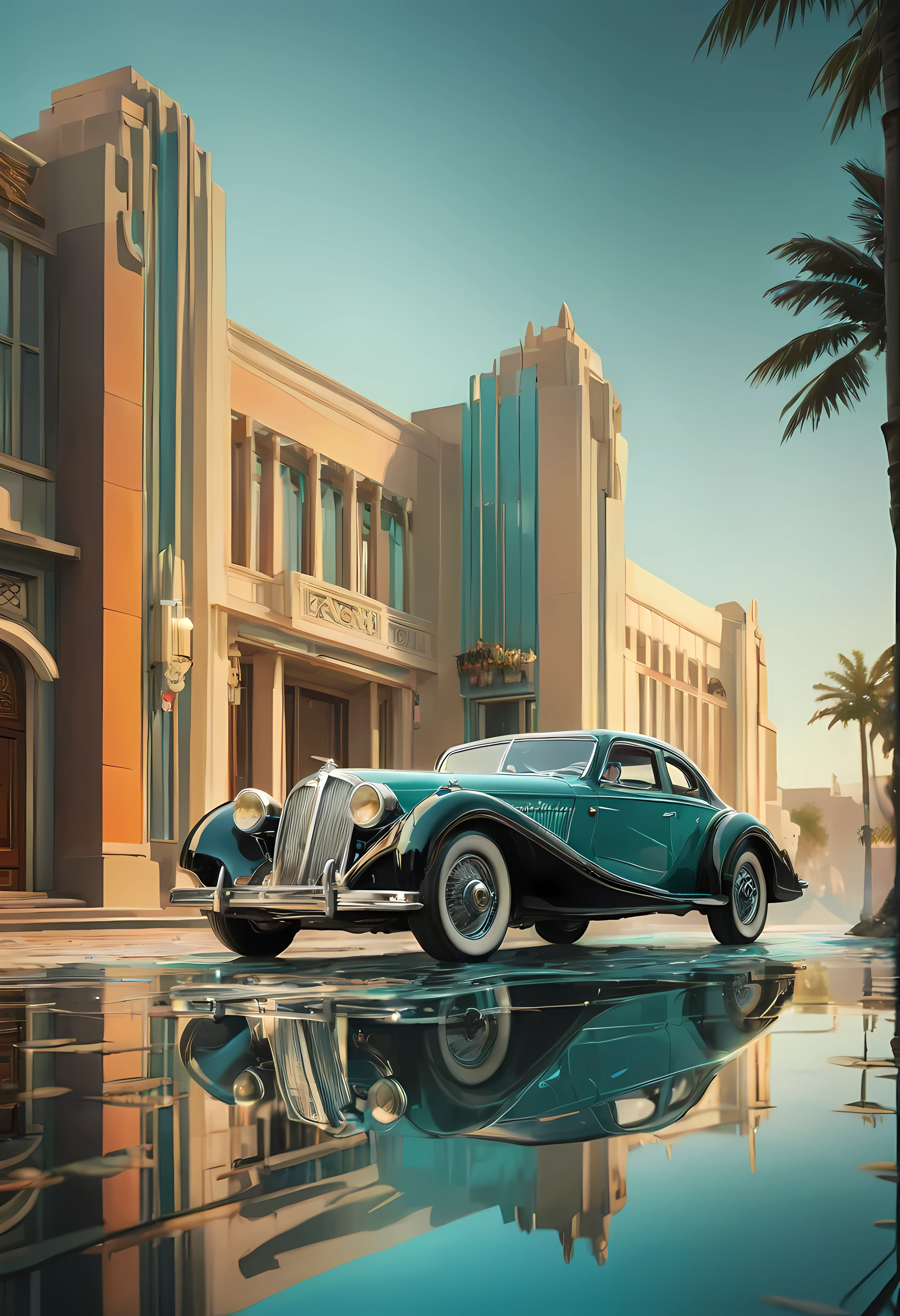 ((art_deco_painting:)1.5), ((soft_color_tones):1.4), ((crystal clear water reflection background):1.3),((Movie-like still images and dynamic angles):1.3), ((cool and beautiful shadow silhouette):1.1), ((Unparalleled sharpness and clarity):1.1), ((Radiosity rendered in stunning 32K resolution):1.3), ((All captured with sharp focus):1.1). | ((art_deco_car):1.3),painting,chrome detailing,smooth lines,vibrant colors,reflective surface,shiny finish,classic design,elegant curves,geometric patterns,streamlined shape,luxurious interior,opulent materials,nostalgic atmosphere,iconic silhouette,elegantly crafted,decadent style,exquisite craftsmanship,timeless masterpiece,sunlight glimmering,glowing headlights,chrome accessories,sophisticated aesthetic,impressive elegance,glamorous presence,graceful motion,rich textures,stunning visual,attention to detail,lavish interior,refined beauty,eye-catching design,classy and elegant,vintage charm,vivid colors,striking contrast,impeccable proportions,meticulous attention,handcrafted luxury,majestic appearance,luxury and grandeur,imposing presence,immaculate finish