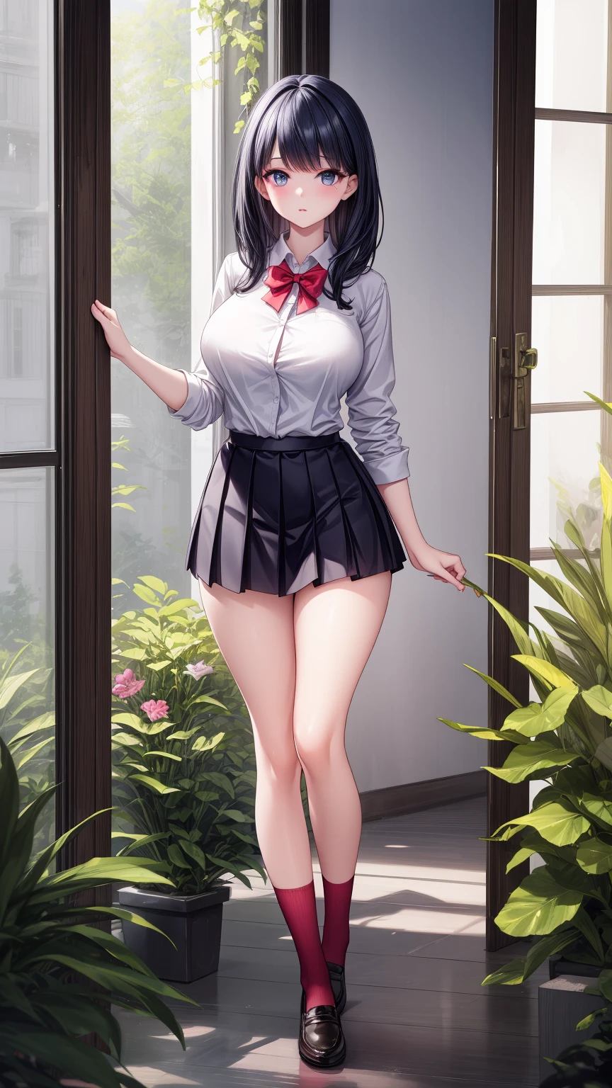 anime female character in school uniform, with short skirt,
BREAK
, rikka takarada, black hair, blue eyes, long hair, orange scrunchie, scrunchie, wrist scrunchie, (Beautiful,Huge_Breasts:1.3),
BREAK
, 1girl, solo, Standing in the garden, full body, full figure,
BREAK
, A breathtakingly beautiful garden filled with vibrant flowers, lush green plants, and a crystal-clear pond. The air is filled with the sweet scent of blooming flowers, and rays of golden sunlight gently filter through the leaves, creating a magical atmosphere, 
BREAK
, black footwear, black skirt, bow, bowtie, buttons, cardigan, collared shirt, long sleeves, microskirt, pleated skirt, red bow, red bowtie, red socks, school uniform, shirt, shoes, skirt, socks, thighs, white cardigan, white shirt, short skirt, 
BREAK
, beautiful detailed eyes, beautiful detailed lips, extremely detailed eyes and face, long eyelashes,
BREAK
, medium: oil painting, atmospheric lighting, dreamy color palette, detailed interior decoration, quiet and peaceful ambiance,
BREAK
, (best quality,4k,8k,highres,masterpiece:1.2), ultra-detailed, official art, extremely detailed CG unity 8k wallpaper, perfect lighting, Colorful, (best_quality:1.0), ultra high res,4K, ultra-detailed, 8K, HDR, high resolution,  absurdres:1.2, film grain, blurry background, (vibrant_color:1.2), (beautiful_face:1.5), (narrow waist),