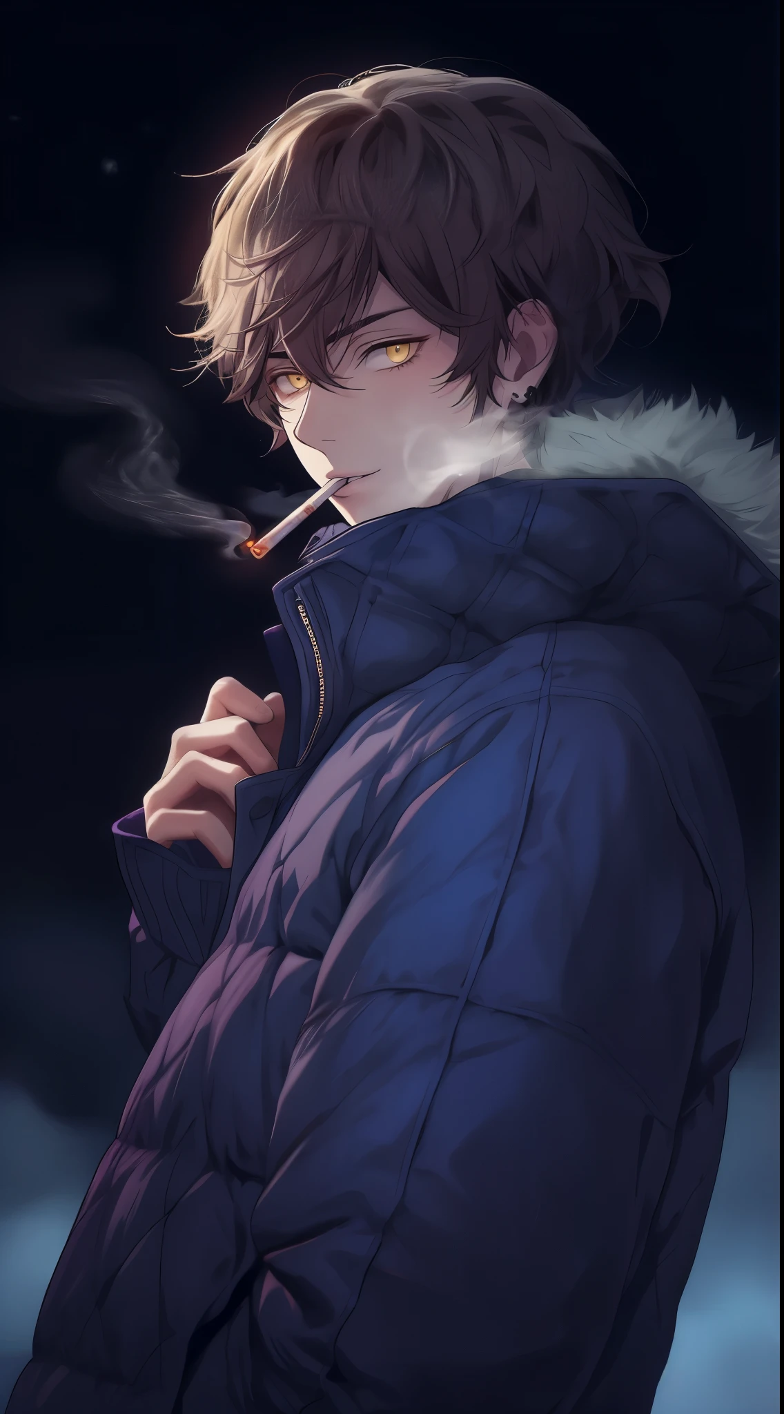 Beautiful young man, brown hair, short hair, yellow eyes, blue quilted coat, smokes, night, smoke,high quality, amount of drawing, pixiv illustration