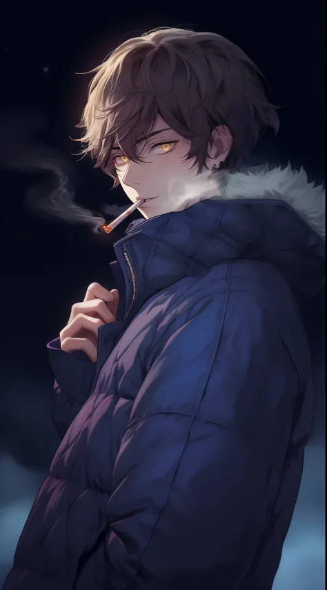 Beautiful young man, brown hair, short hair, yellow eyes, blue quilted coat, smokes, night, smoke,high quality, amount of drawin...