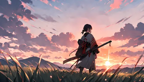 a ronin standing still staring at sunset in the middle of the grassfield ,cinematic, high quality