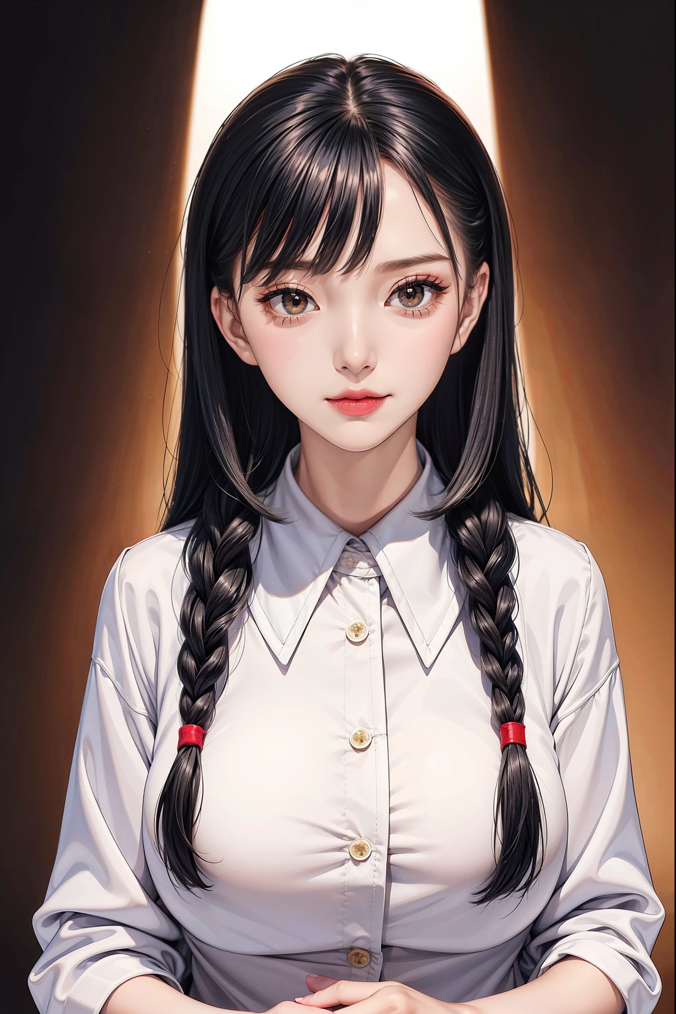 Simple white background, bow ribbon_collar,clavicle, long_sleeve, Open_clothing, Open_jacket, Red_jacket, white_shirt, Bangs, Black_Eye, Black_hair, blunt_Bangs,long_hair,Single braid, 1 girl, 20 years old,infp young woman,beautiful Finger,beautiful long legs,beautiful body, beautiful nose,beautiful character design, 完美的Eye, 完美的Face,富有表现力的Eye,Perfect balance, looking at the audience,(焦点集中在她的Face上),Keep your mouth shut, (Innocent_big deal_Eye:1.0),(Light_Smile:1.0), official art,the Extremely Detailed CG Unity 8k Wallpapers, Perfect 灯Light,colorful, bright_front_Face_灯Light,White skin, (on the table:1.0),(the best_quality:1.0), 超high resolution,4K,Super detailed, photography, 8k, north african trade zone, high resolution, absurd:1.2, Kodak Portrait 400, film grain, blurred background, Bokeh:1.2, 镜头Light晕, (energetic_color:1.2),专业photography, (beautiful,big deal_breast:1.4), (beautiful_Face:1.5),(narrow_waist),