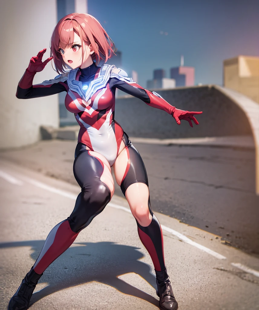 garota, ruiva,bob curto,olhos vermelhos, (Ultra-Garota :1.0), Body Ultraman, tronco, pose elegante, ,punho,bunda,Vista traseira
