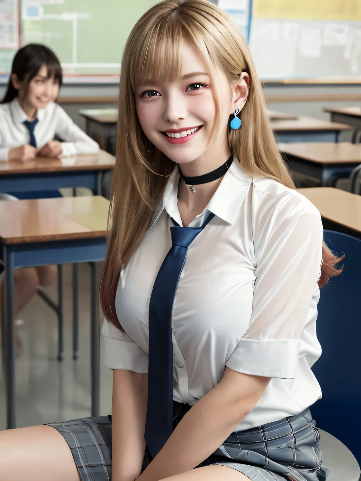 mix 4, (8K, RAW photo, highest quality, masterpiece: 1.45), (realistic, photorealistic: 1.37), Kitagawa Marine,  (blonde hair, pink gradient hair), ((long hair, Sink bangs,colorful hair, red eyes)),pose like a model,((Bold pose with forward bending posture))、(Sitting with legs wide open:1.3)、japanese woman, 16 years old,high school student、model body shape, (big breasts:1.3), thin waist, beautiful face, beautiful eyes, , jewelry,earrings, white shirt, Tied shirts, black choker,  blue tie, plaid skirt,  grin and laugh, smile, Are standing, cowboy shot, inside the school、classroom、sitting in a chair、hight school, 1 girl, alone, detailed face and eyes, upper body photo. realistic, realistic.MarinGyaru,school_uniform