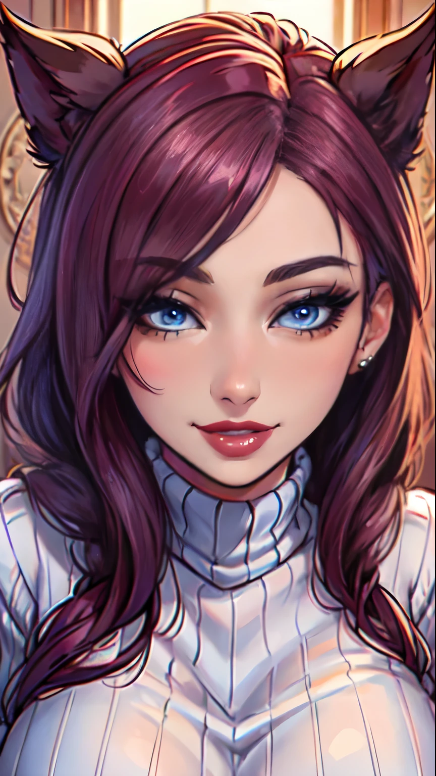 Masterpiece, raw,  beautiful art, professional artist, 8k, art style by sciamano240, very detailed face, very detailed hair, (1girl), caressing each other, perfectly drawn body, beautiful face, long hair , very detailed blue eyes , rosey cheeks, intricate details in eyes, sultry smile, looking directly at viewer , lusty expression, lipstick, very close up on face, wearing tight sweater, home setting, 