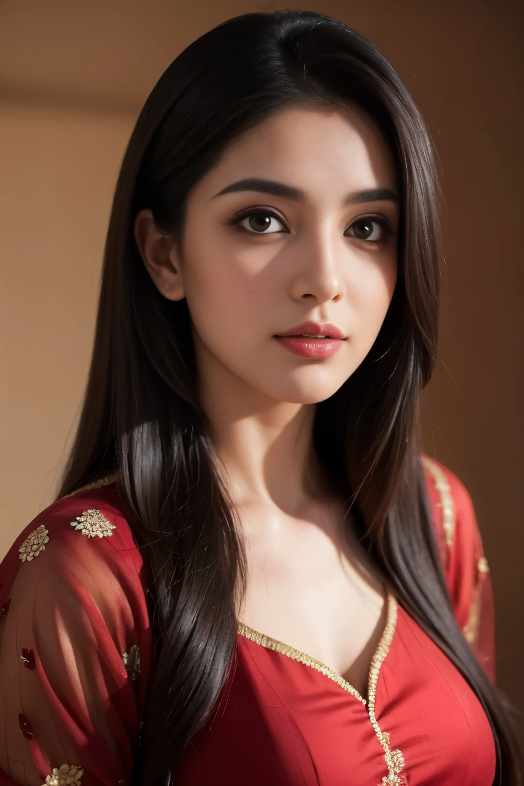 (best quality,4k,8k,highres,masterpiece:1.2),ultra-detailed,(realistic,photorealistic,photo-realistic:1.37),beautiful detailed eyes,beautiful detailed lips,extremely detailed eyes and face,longeyelashes,1girl,desi girl,perfect face,dark long hair,traditional indian clothes,looking towards the camera,portrait,detailed henna patterns,vibrant colors,soft lighting,upper body shot, more focus on the face,