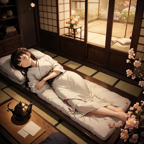 young japanese woman, antique mattress, sleeping, dark room, fireflies, cold weather, warm air, full body image, chills, teapot,...