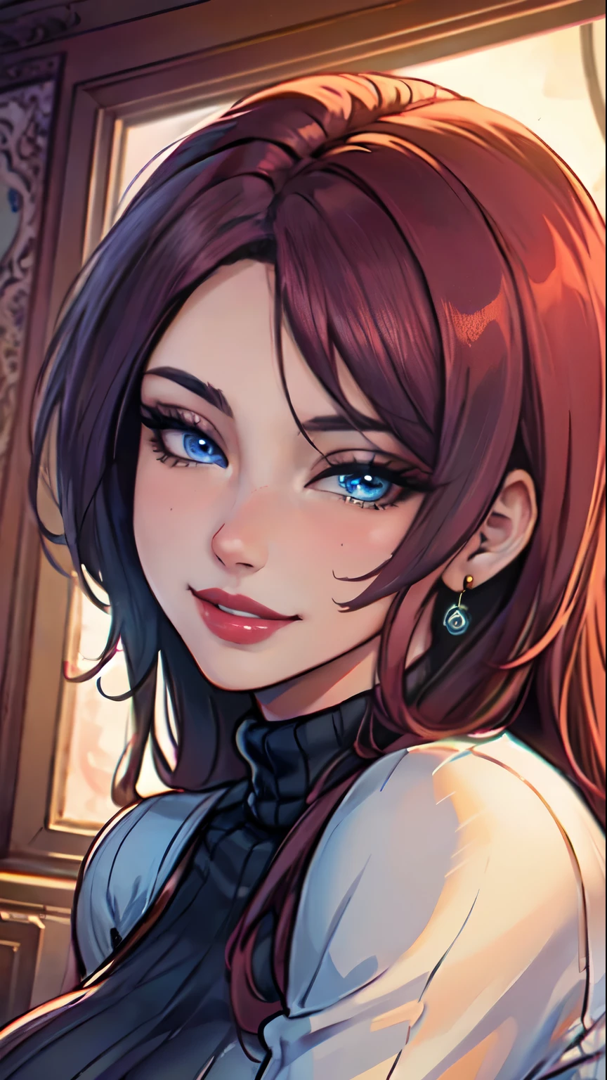 Masterpiece, raw,  beautiful art, professional artist, 8k, art style by sciamano240, very detailed face, very detailed hair, (1girl), caressing each other, perfectly drawn body, beautiful face, long hair , very detailed blue eyes , rosey cheeks, intricate details in eyes, sultry smile, looking directly at viewer , lusty expression, lipstick, very close up on face, wearing tight sweater, home setting, 