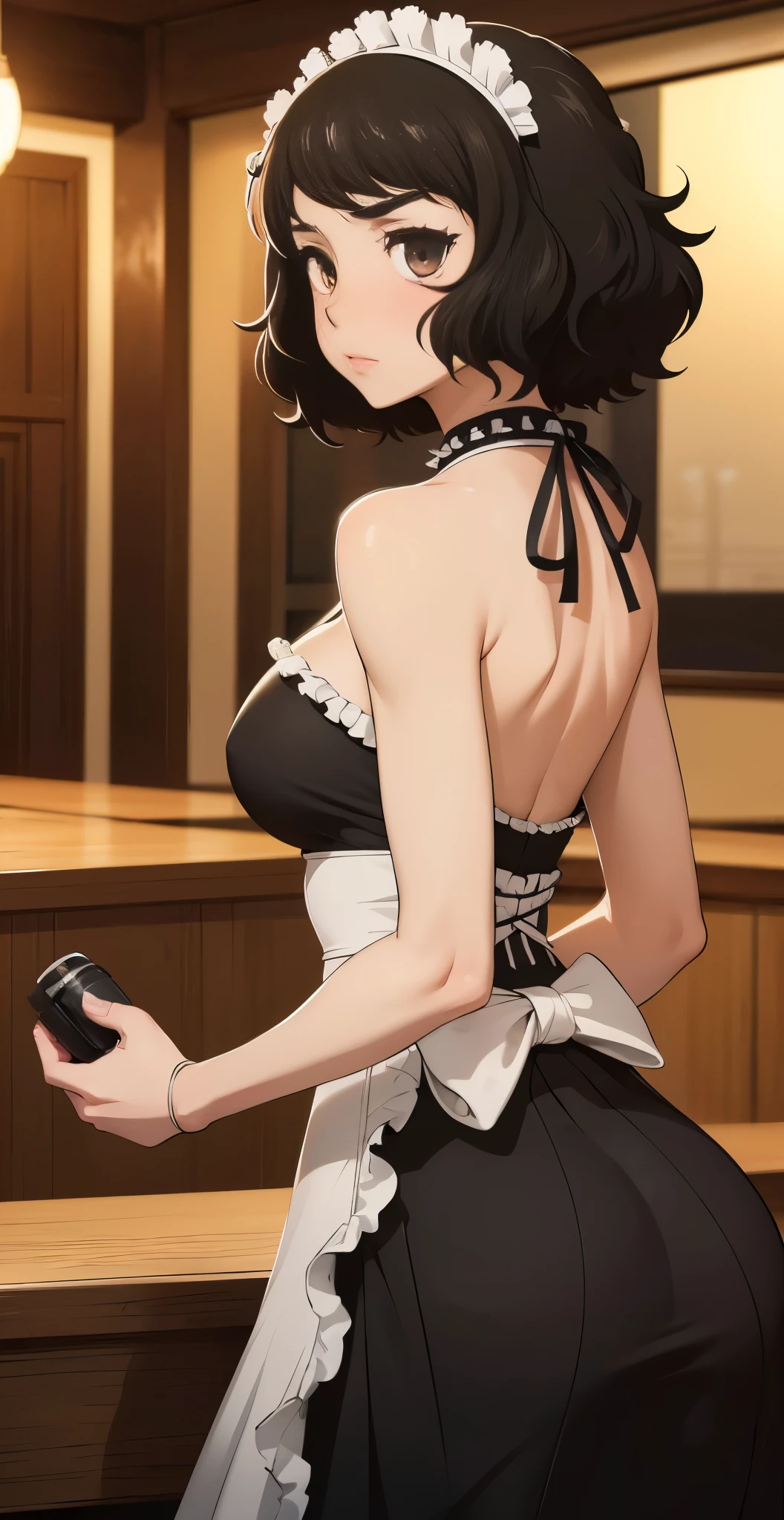 anime, Conceptual art, cinematic lighting, Canon, Nikon, 8k, super detail, 4K, best quality, award winning, anatomically correct, (detailed beautiful eyes and detailed face, masterpiece side light, masterpiece, best quality, detailed, high resolution illustration), ((hyper detailed anatomical eyes)) ((sadayo kawakami)) huge  in maid dark suit, standing in big luxurious dining hall, blushing puff out cheeks, (from behind)