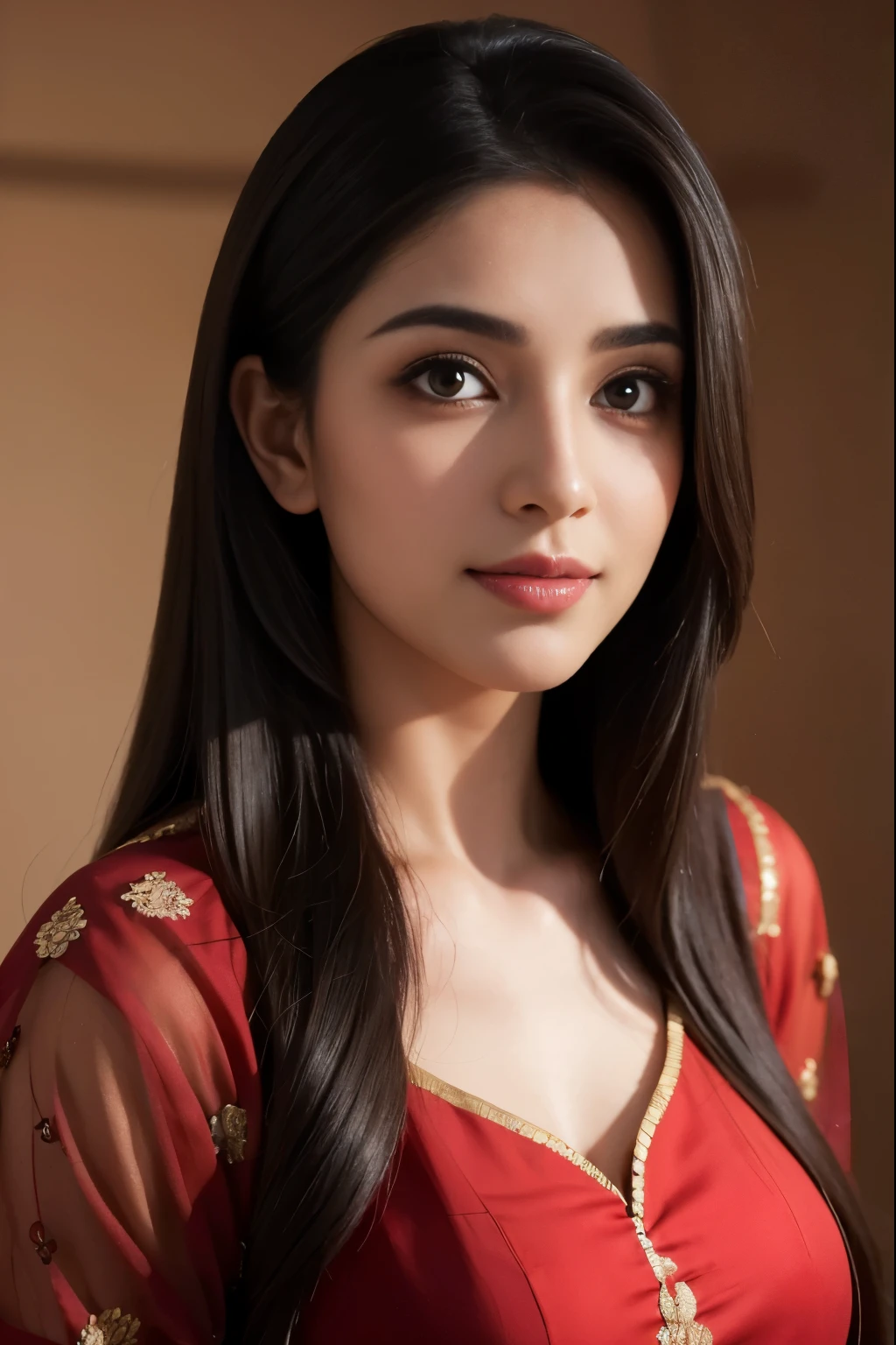 (best quality,4k,8k,highres,masterpiece:1.2),ultra-detailed,(realistic,photorealistic,photo-realistic:1.37),beautiful detailed eyes,beautiful detailed lips,extremely detailed eyes and face,longeyelashes,1girl,desi girl,perfect face,dark long hair,traditional indian clothes,looking towards the camera,portrait,detailed henna patterns,vibrant colors,soft lighting,upper body shot, more focus on the face,light smile