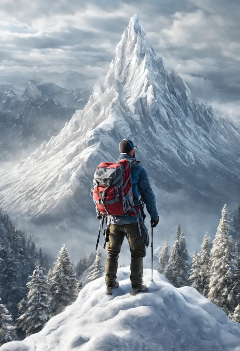 The conqueror of peaks with a backpack looks up at the mountain, epic, action,  hyper detailed, hyper realism, 8K