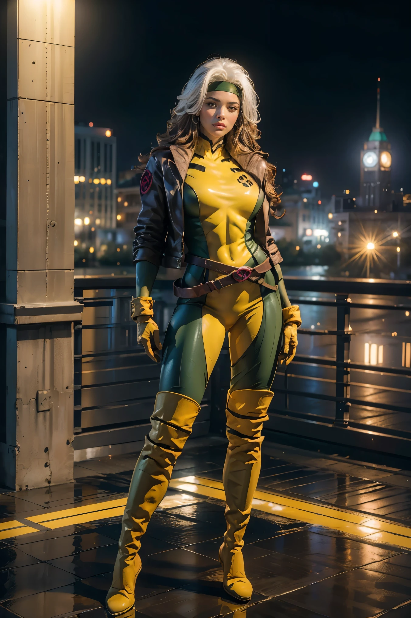 (best quality,4k,8k,highres,masterpiece:1.2),ultra-detailed,(realistic,photorealistic,photo-realistic:1.37),full body shot,Rogue,X-Men,yellow thigh high boots,beauty pose, standing tall, show feet, outside, city rooftop at night, green headband