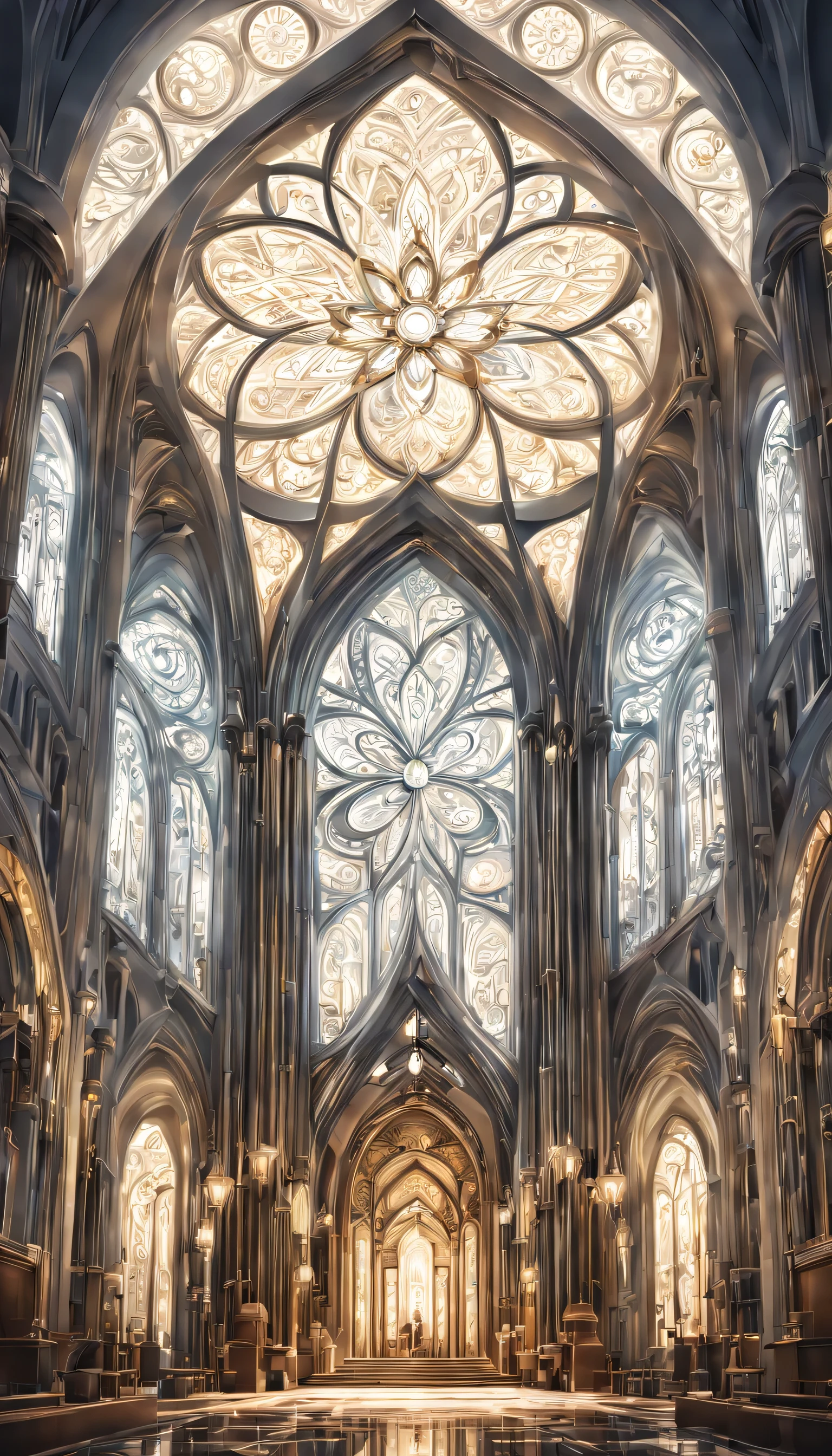 art deco:Cathedral,Geometric pattern:Linear,Artistic, intricate details. very detailed, Complex motifs, organic tracery, perfect composition, digital painting, art station, concept art, Smooth, T Masterpiece, highest quality, award-winning, High resolution, ,Beautiful and amazing,draw carefully,finely,colorful,octane rendering,white,,money,Silver,Brown