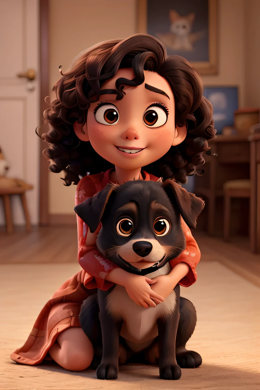 a . uno con pelo negro rizado, Piel de color marron claro, y ojos marrones oscuros. Ella está vestida con un hermoso vestido rojo y abraza cálidamente a un perro.. La escena debe tener el estilo artístico digital distintivo de Pixar..
