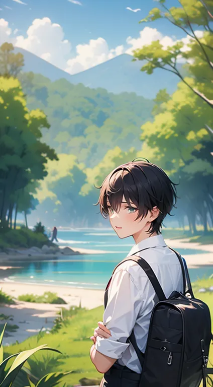 boy，plant，forest，sky，water，short hair