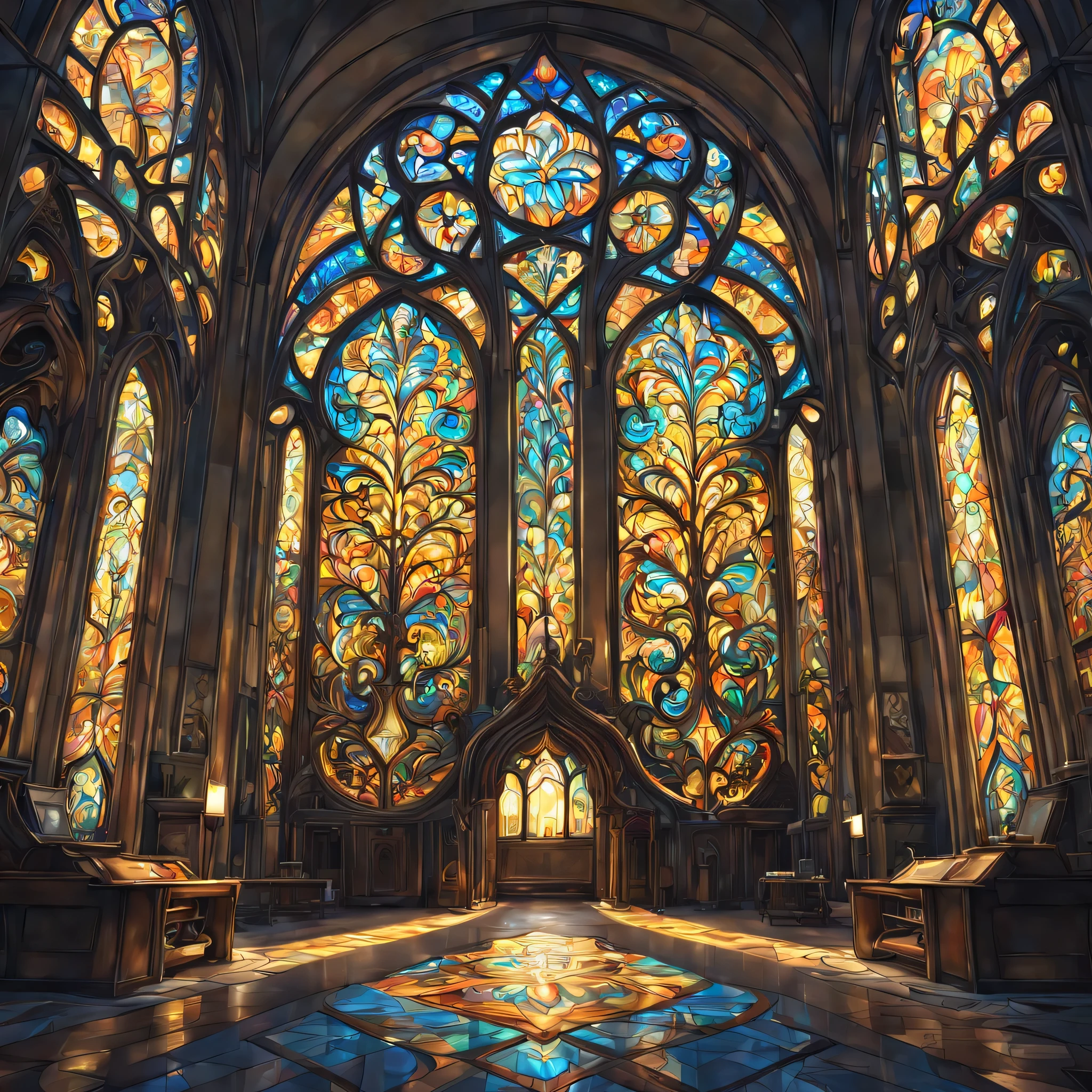 art deco:Stained glass,bright colors, intricate details. very detailed, Complex motifs, organic tracery, perfect composition, digital painting, art station, concept art, Smooth,, shape, T Masterpiece, highest quality, award-winning, High resolution, Landscape painting,Beautiful and amazing,