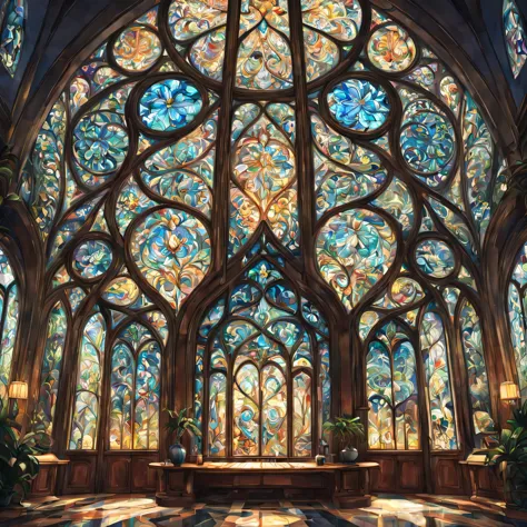 art deco:Stained glass,bright colors, intricate details. very detailed, Complex motifs, organic tracery, perfect composition, di...
