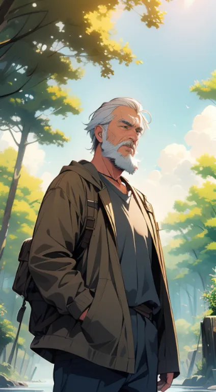 old man，beard，white short hair，plant，forest，sky，water，
