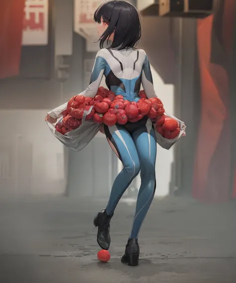 girl, tomato colored hair,red eyes,short bob, (Ultra Girl :1.0), ultraman bodysuit, butt,Rear view