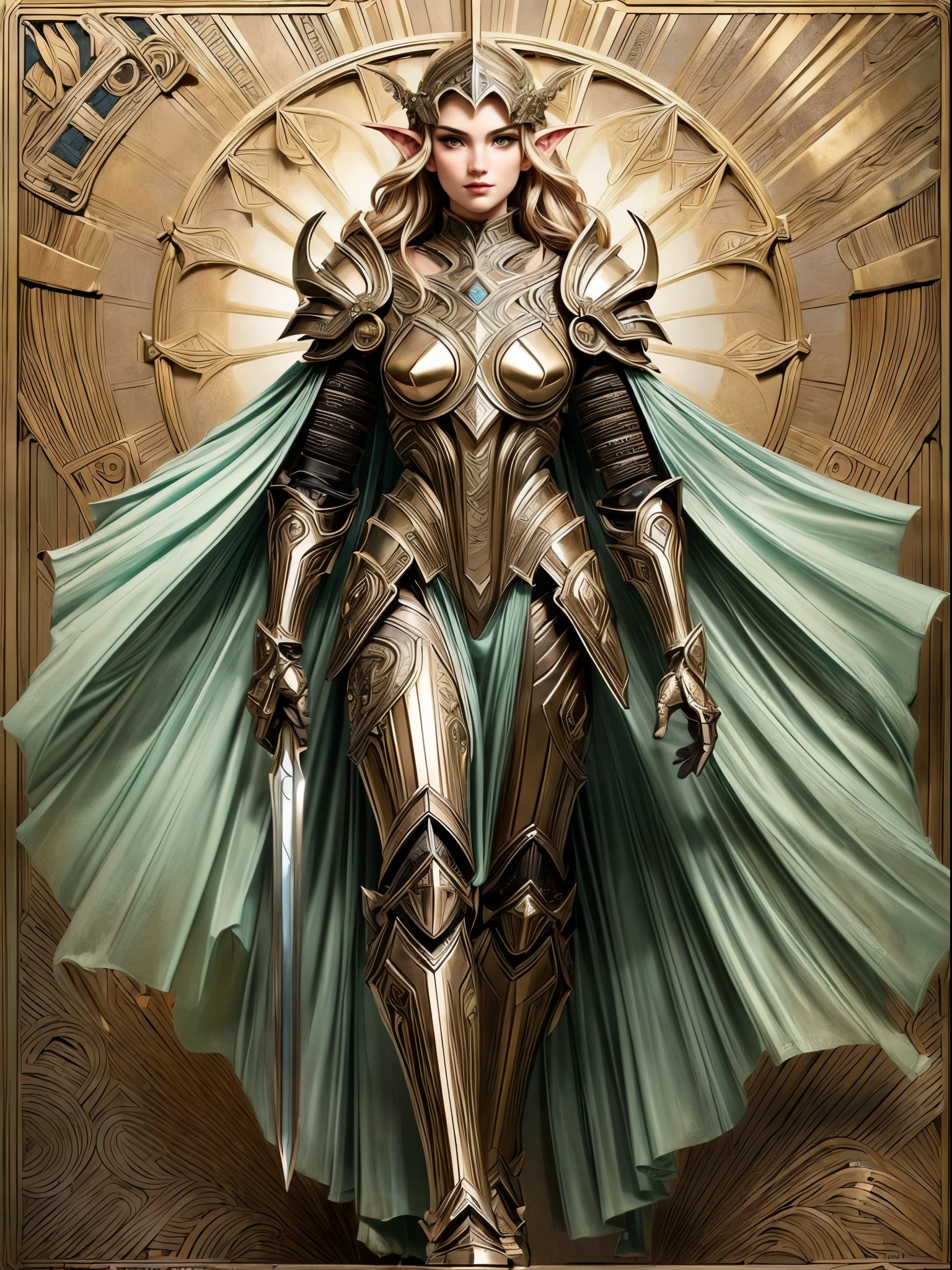 (art deco: 1.5) high details, best quality, 16k, [ultra detailed], masterpiece, best quality, (extremely detailed), full body, ultra wide shot, photorealistic, fantasy_world, fantasy art, dnd art, rpg art, realistic art, a wide angle, (((anatomically correct))) a wallpaper of an elf knight, elf warrior, princess knight, shinning knight, ready for battle with her mount (intense details, Masterpiece, best quality: 1.5), female elf (intense details, Masterpiece, best quality: 1.5), ultra detailed face, ultra feminine, fair skin, exquisite beauty, gold hair, long hair, wavy hair, small pointed ears, dynamic eyes color, wearing heavy mech armor, shinning metal, armed with elven sword fantasysword sword, standing near her mount, dynamic mount , green meadows, blue skies background and some clouds background depth of field (intricate details, Masterpiece, best quality: 1.5), full body (intricate details, Masterpiece, best quality: 1.5), high details, best quality, highres, ultra wide angle