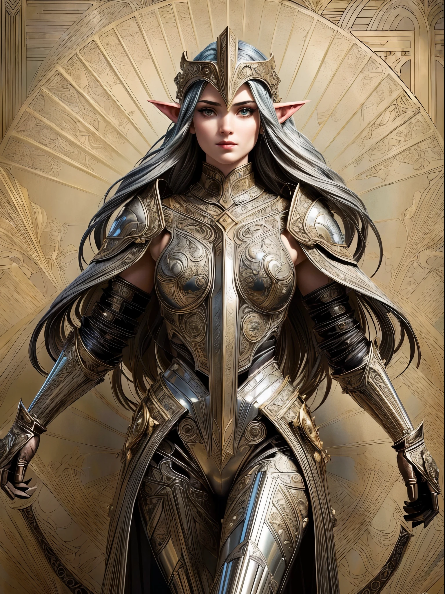 (art deco: 1.5) high details, best quality, 16k, [ultra detailed], masterpiece, best quality, (extremely detailed), full body, ultra wide shot, photorealistic, fantasy_world, fantasy art, dnd art, rpg art, realistic art, a wide angle, (((anatomically correct))) a wallpaper of an elf knight, elf warrior, princess knight, shinning knight, ready for battle with her mount (intense details, Masterpiece, best quality: 1.5), female elf (intense details, Masterpiece, best quality: 1.5), ultra detailed face, ultra feminine, fair skin, exquisite beauty, gold hair, long hair, wavy hair, small pointed ears, dynamic eyes color, wearing heavy mech armor, shinning metal, armed with elven sword fantasysword sword, standing near her mount, dynamic mount , green meadows, blue skies background and some clouds background depth of field (intricate details, Masterpiece, best quality: 1.5), full body (intricate details, Masterpiece, best quality: 1.5), high details, best quality, highres, ultra wide angle