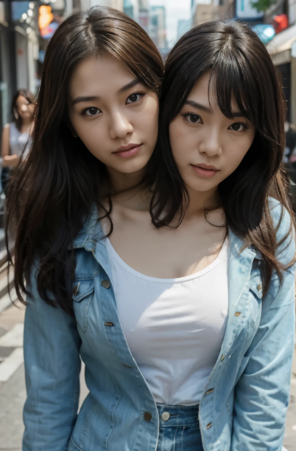 Two asian women standing next to each other on a city street - SeaArt AI