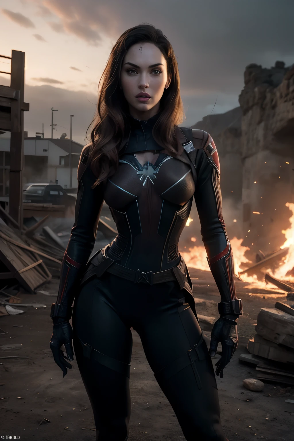 A woman in a black widow suit standing in front of a fire - SeaArt AI