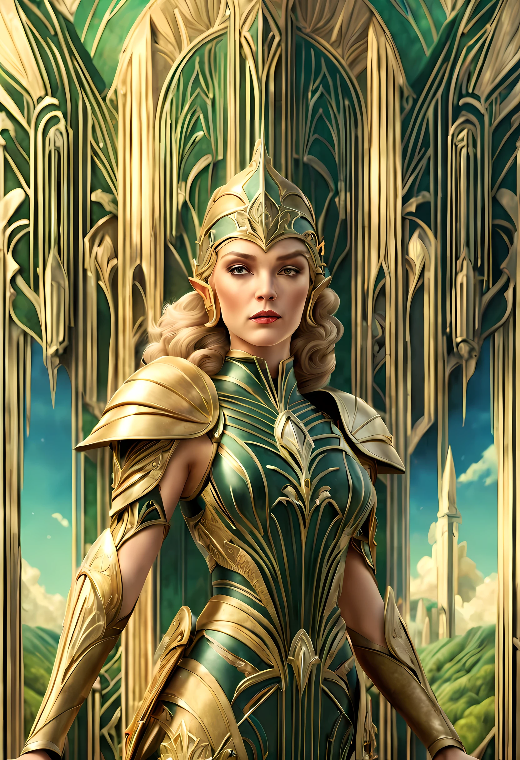 (art deco: 1.5) fantasy art deco, high details, best quality, 16k, [ultra detailed], masterpiece, best quality, (extremely detailed), full body, ultra wide shot, photorealistic, fantasy_world, fantasy art, dnd art, rpg art, realistic art, a wide angle, (((anatomically correct))) a wallpaper of an elf knight, elf warrior, princess knight, shinning knight, ready for battle with her mount (intense details, Masterpiece, best quality: 1.5), female elf (intense details, Masterpiece, best quality: 1.5), ultra detailed face, ultra feminine, fair skin, exquisite beauty, gold hair, long hair, wavy hair, small pointed ears, dynamic eyes color, wearing heavy mech armor, shinning metal, armed with elven sword fantasysword sword, standing near her mount, dynamic mount , green meadows, blue skies background and some clouds background depth of field (intricate details, Masterpiece, best quality: 1.5), full body (intricate details, Masterpiece, best quality: 1.5), high details, best quality, highres, ultra wide angle