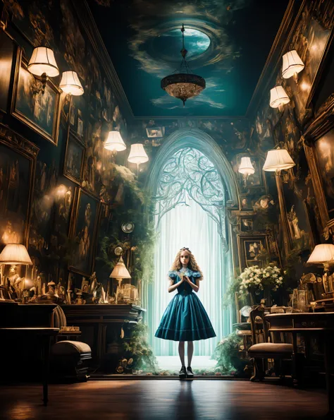 A mesmerizing photorealistic photograph featuring Alice from "Alice's Adventures in Wonderland" in an incredibly tiny room, evok...