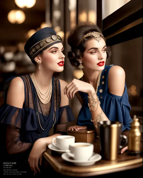 two women in trendy dresses sitting at the table，coffee on hand, wearing 1920s fashion, 1 9 2 0 s style, 1920s style, 1920s atmo...